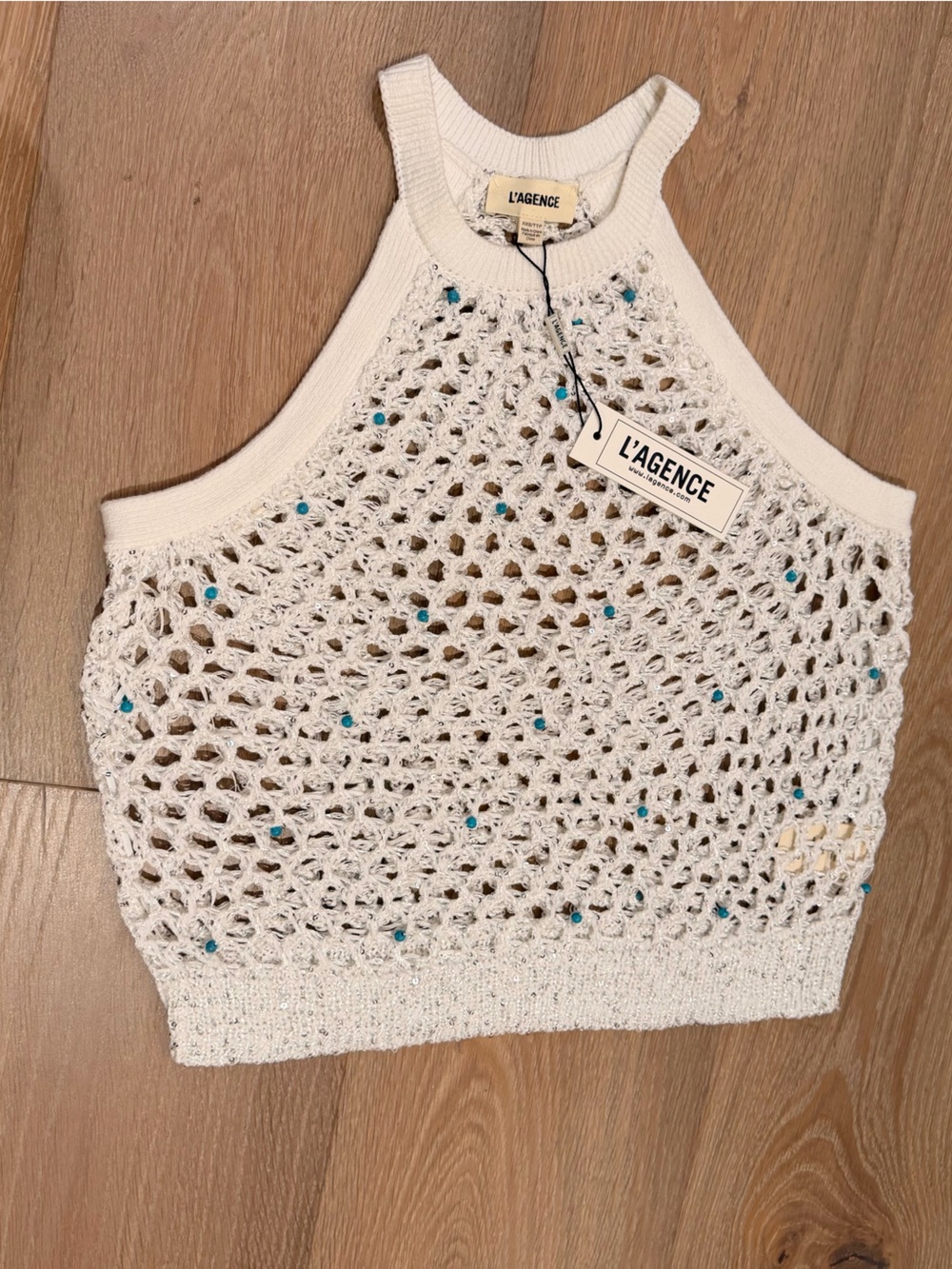 L Agence Parmida embellished open knit crochet Tank Top with Turquoise beads - Picture 2 of 7